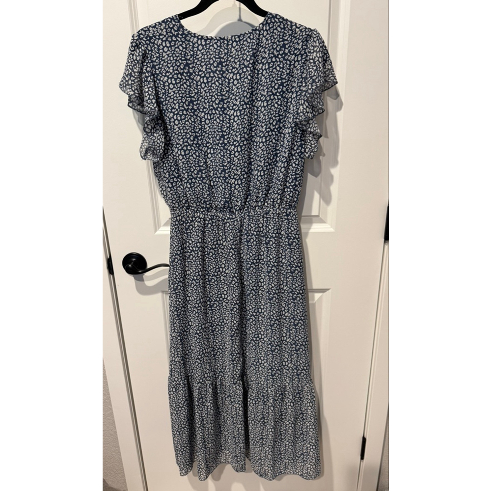Women's BTFBM lined Blue & White Leopard Print Midi tiered Dress M - Picture 4 of 12